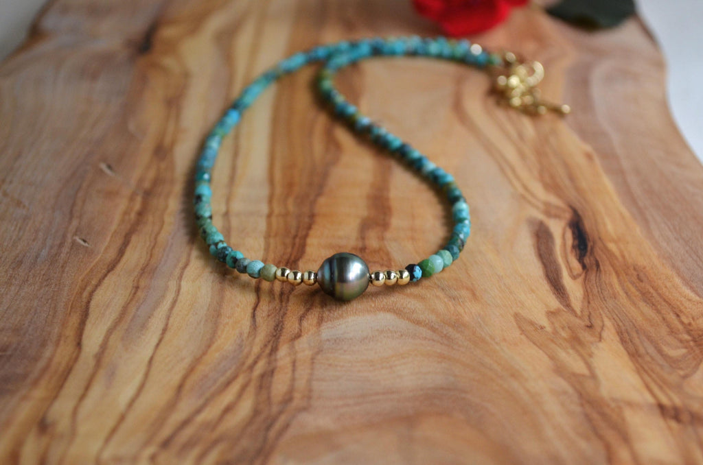 Tahitian Pearl Short Necklace, Turquoise Beaded Collar, Minimal Gold Filled Necklace, Everyday Elegant Jewelry