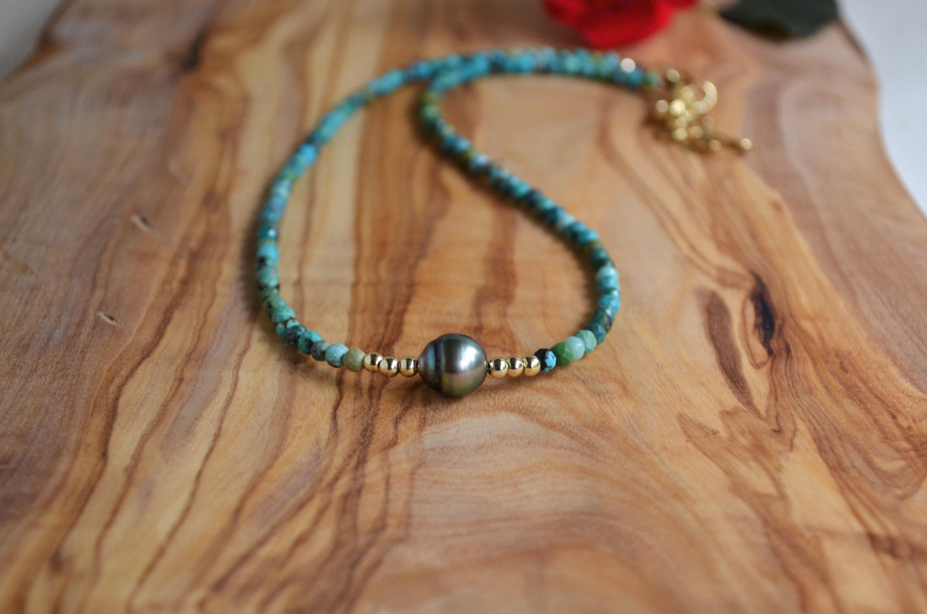 Tahitian Pearl Short Necklace, Turquoise Beaded Collar, Minimal Gold Filled Necklace, Everyday Elegant Jewelry