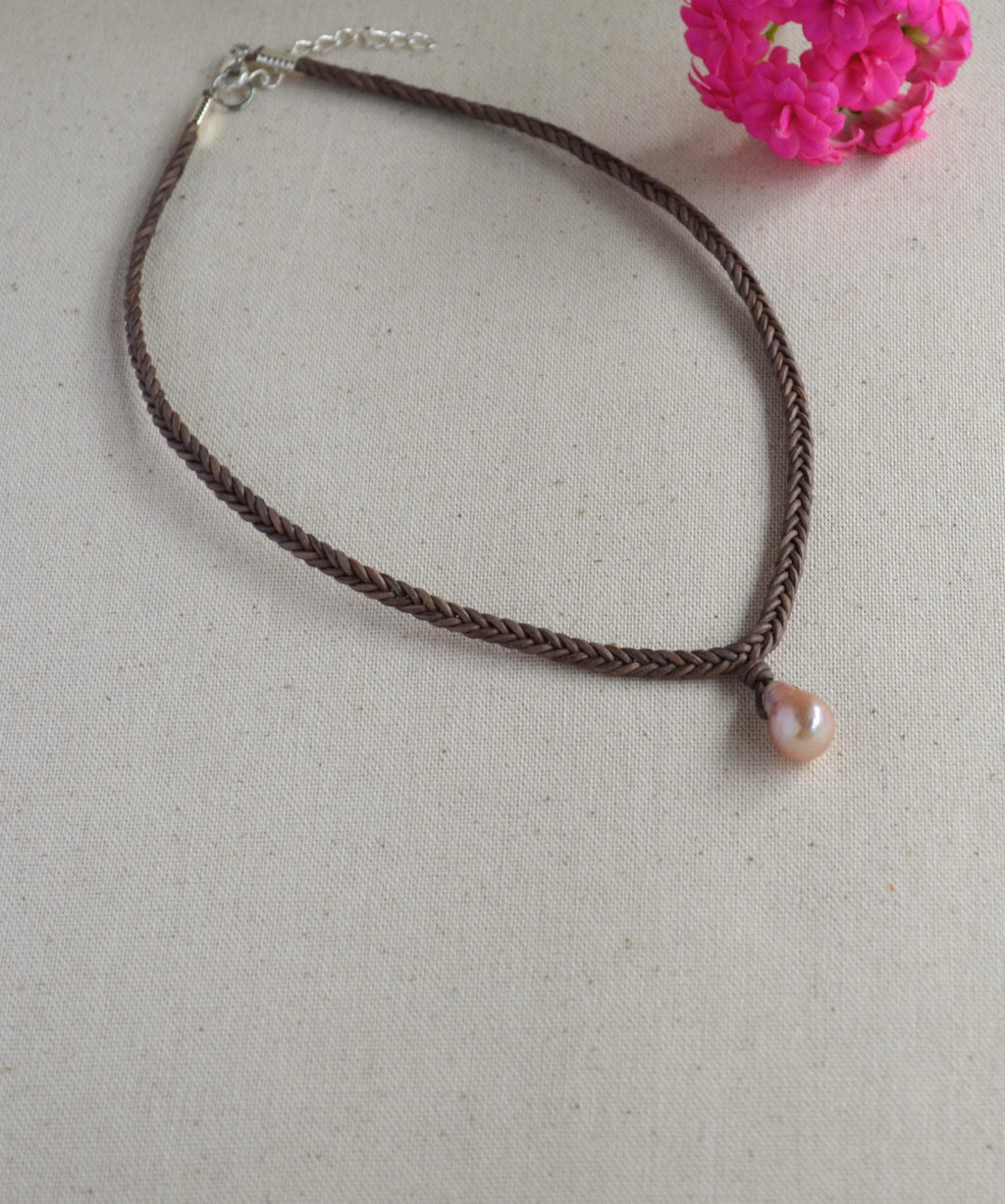 Edison Pearl Leather Necklace: Pink Mauve Baroque Pendant, Hand Braided Cord