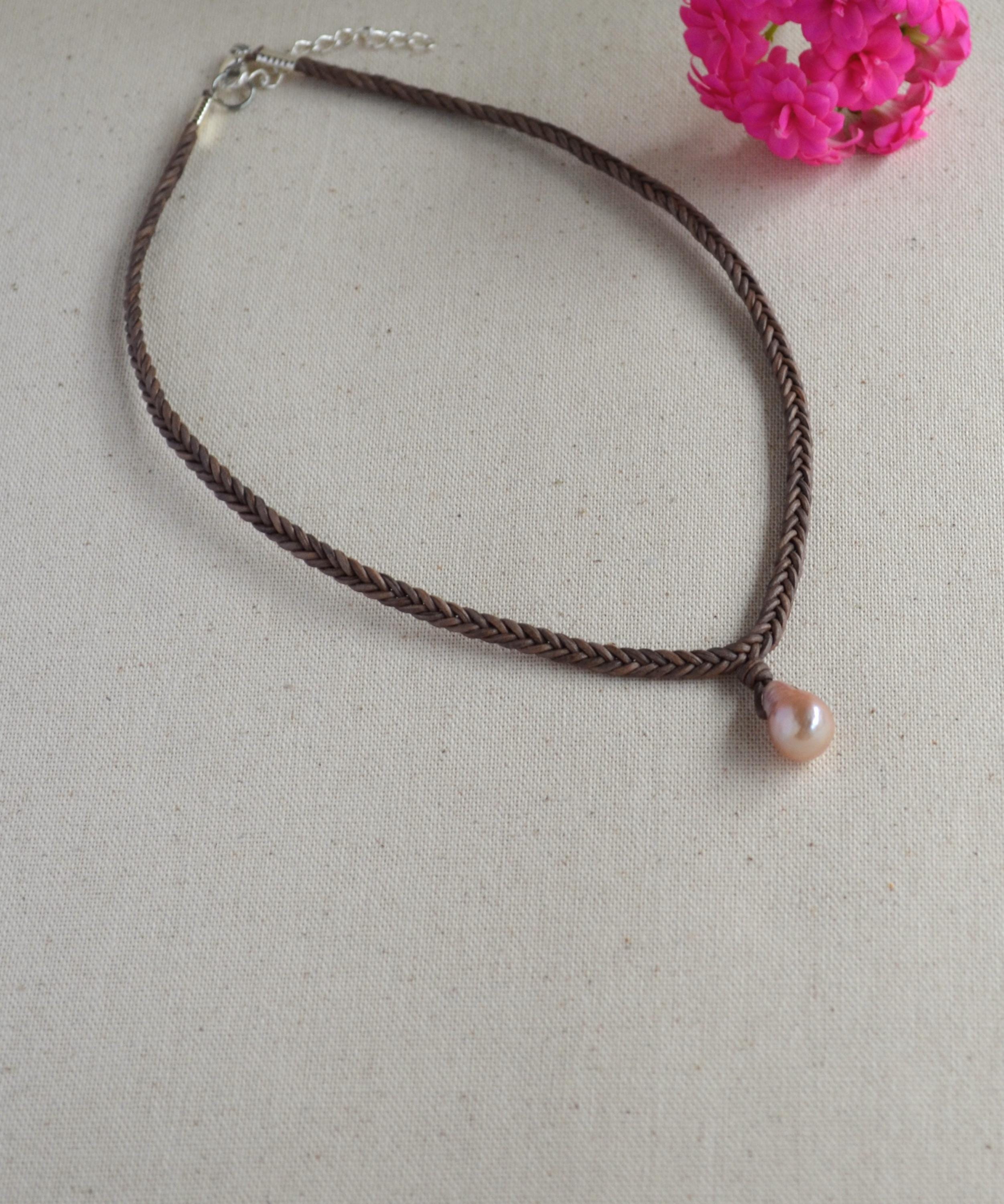 Edison Pearl Leather Necklace: Pink Mauve Baroque Pendant, Hand Braided Cord