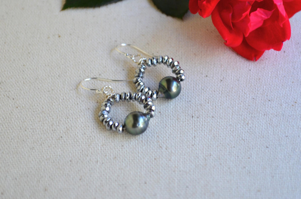 Tahitian Pearl and Hematite Earrings on Sterling Silver French Ear Wires Gift for Her