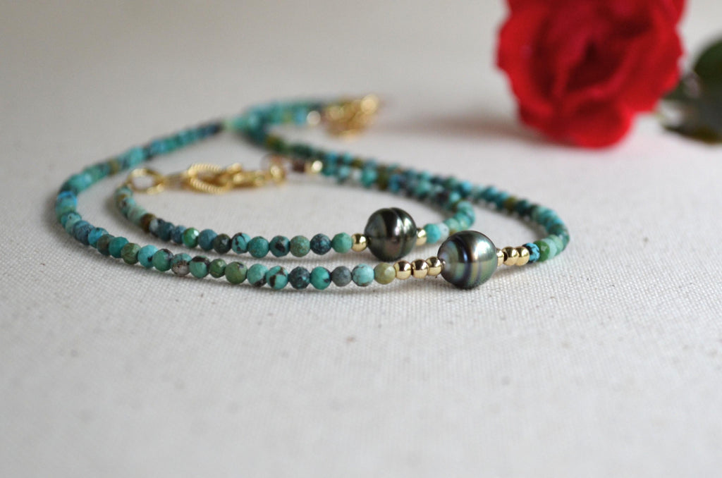 Tahitian Pearl Bracelet, Gold Filled Turquoise Beaded Jewelry