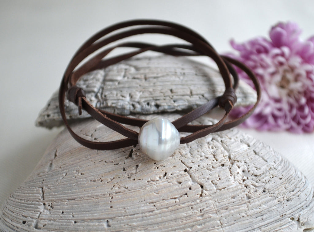 Rare White Tahitian Pearl Choker: Brown Leather Surf Jewelry UNISEX