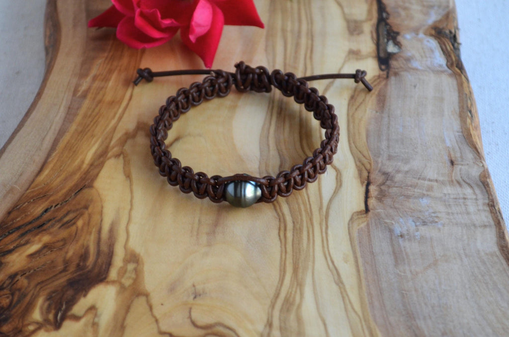 Adjustable Tahitian Pearl Bracelet: Greek Chocolate Brown Leather Bohemian Jewelry for Her