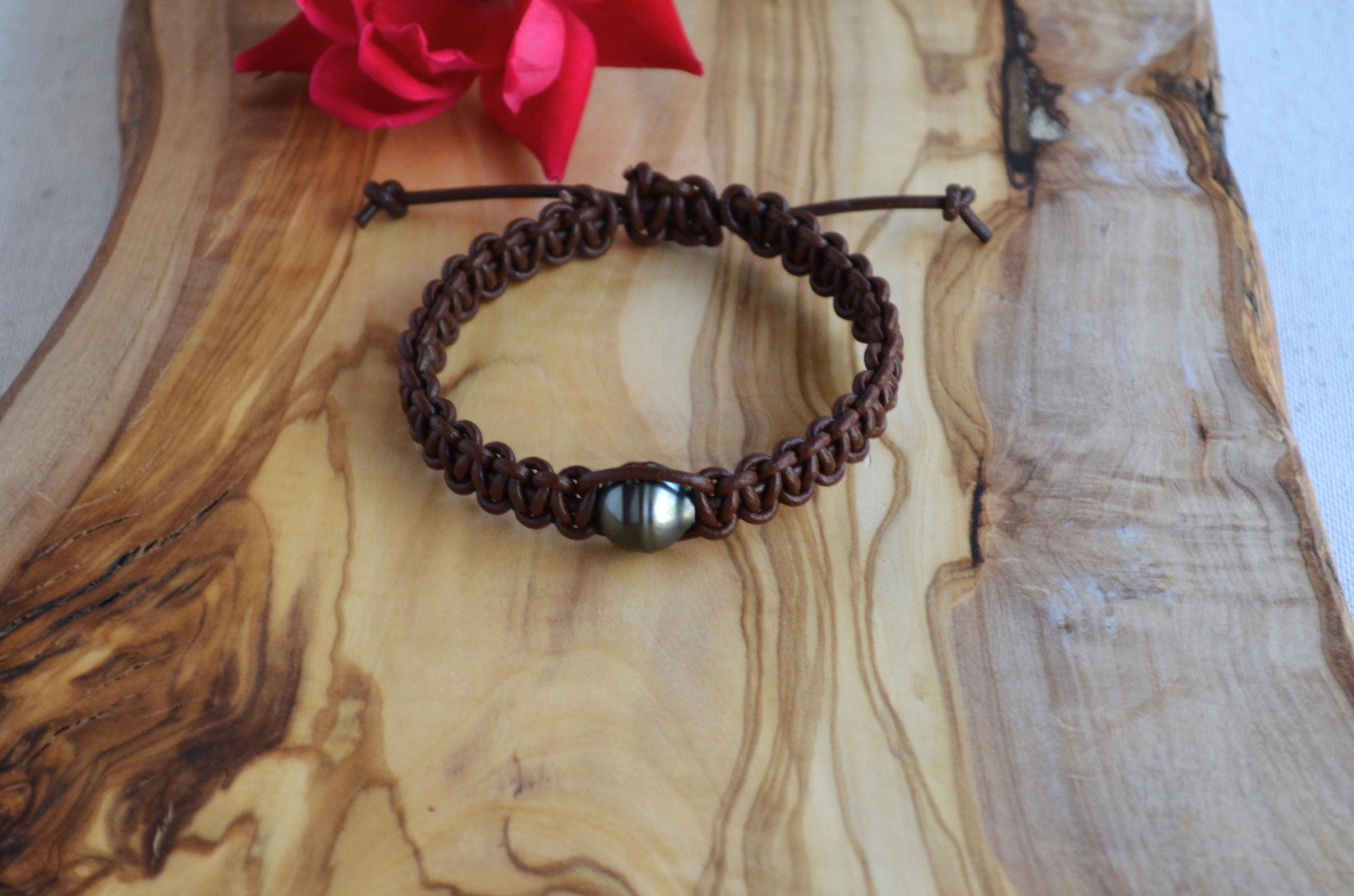 Adjustable Tahitian Pearl Bracelet: Greek Chocolate Brown Leather Bohemian Jewelry for Her