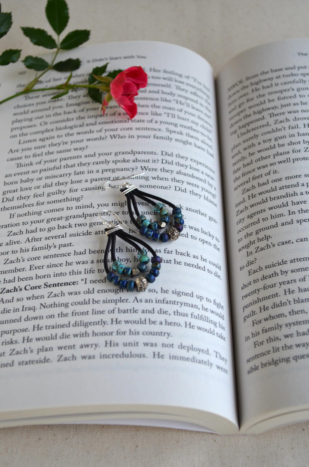 Blue Green Picasso Czech Bead Earrings, Sterling Silver, Leather Cord