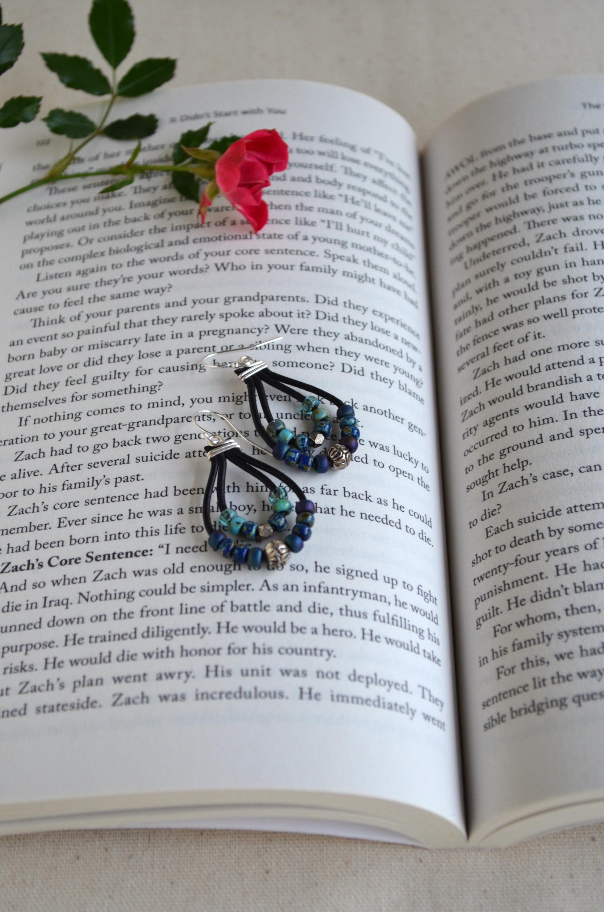 Blue Green Picasso Czech Bead Earrings, Sterling Silver, Leather Cord