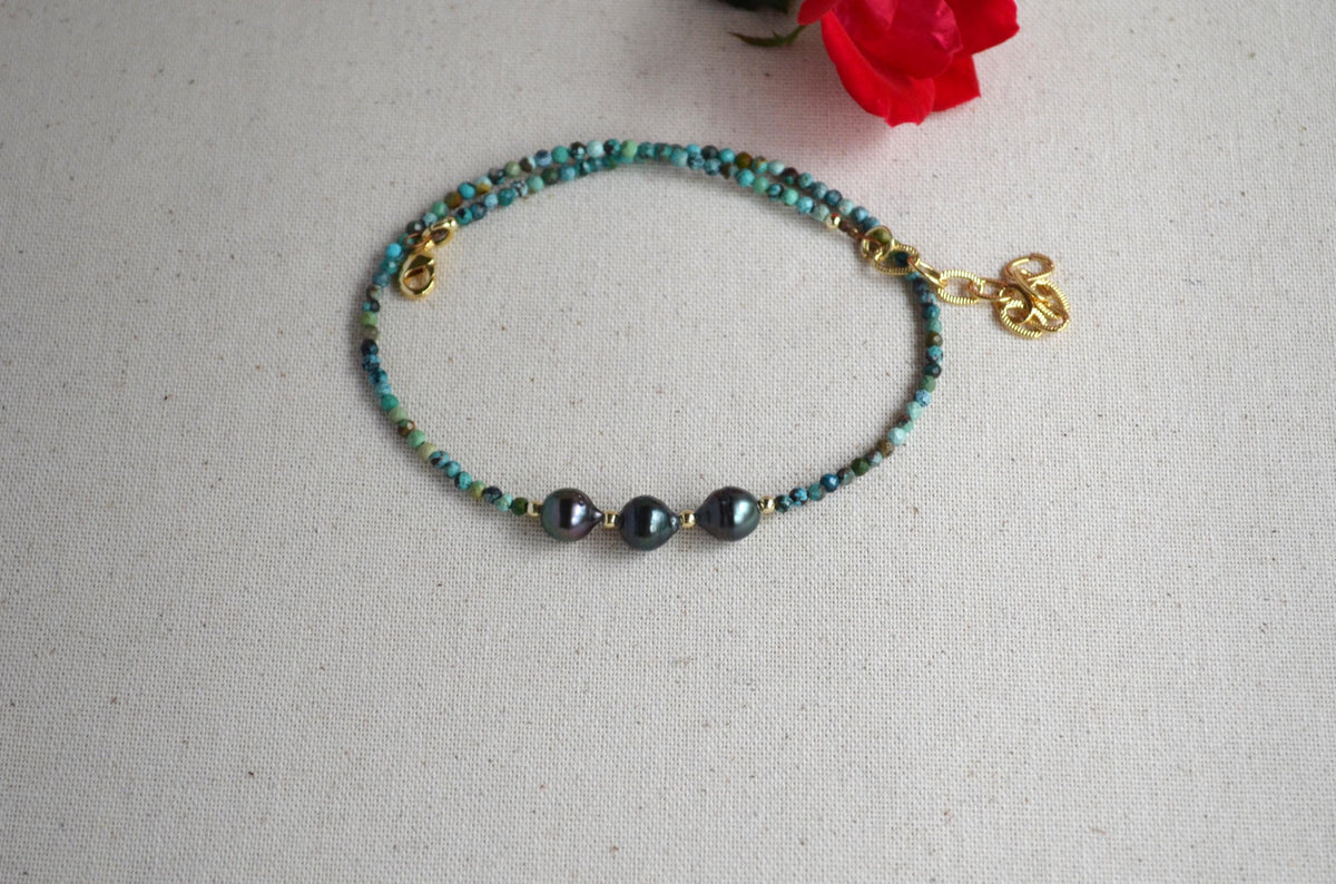 Three Tahitian Pearl Necklace, Turquoise Beaded Short Necklace, Minimal Gold Filled Necklace, Elegant Everyday Jewelry