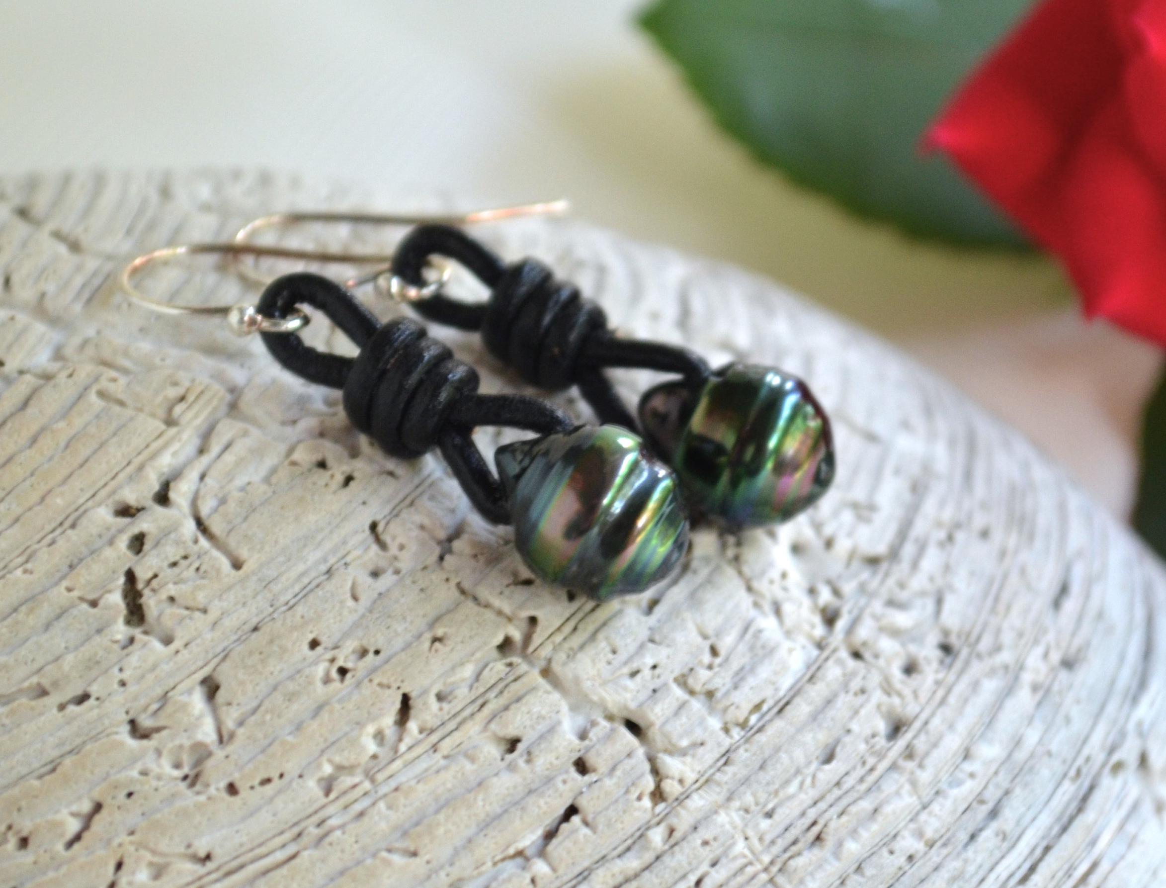 Tahitian Pearl Earrings, Sterling Silver, Black Leather Boho Jewelry
