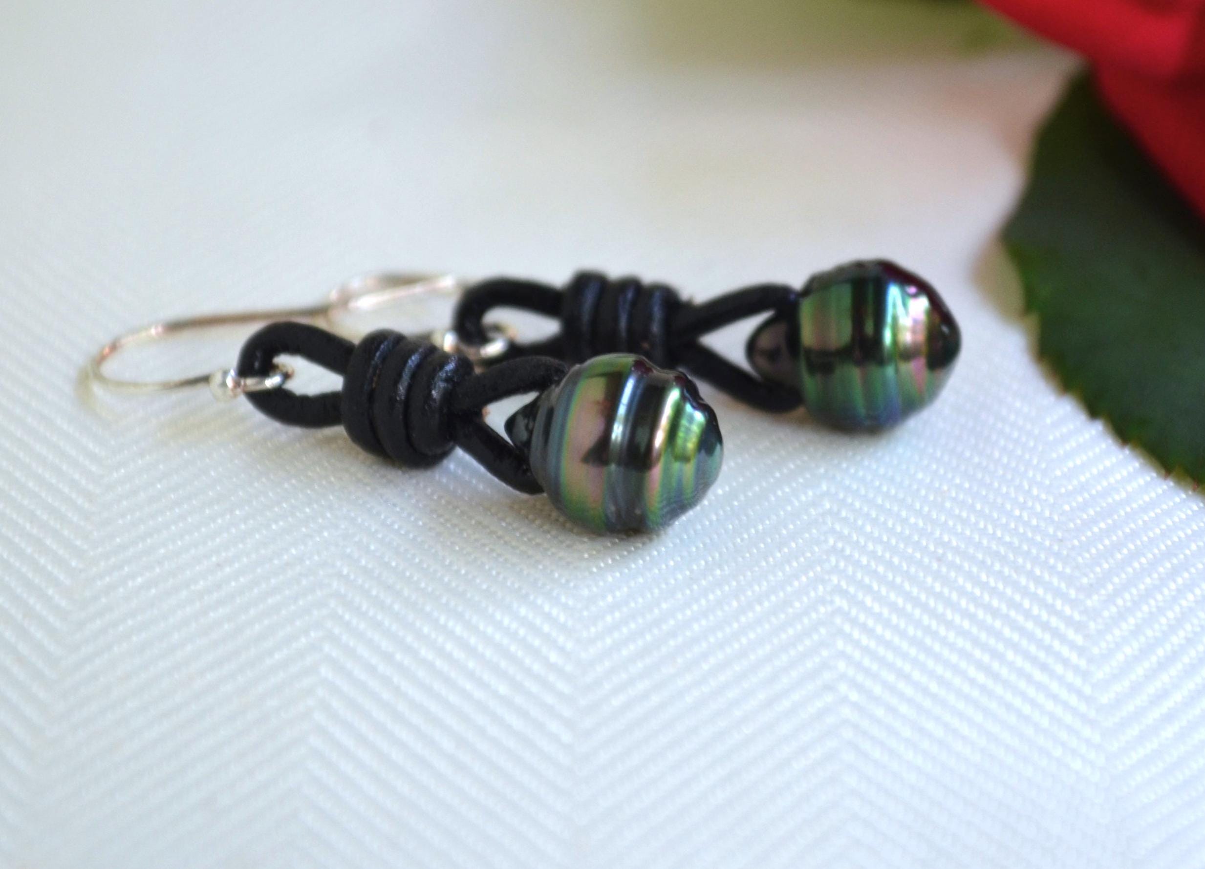 Tahitian Pearl Earrings, Sterling Silver, Black Leather Boho Jewelry