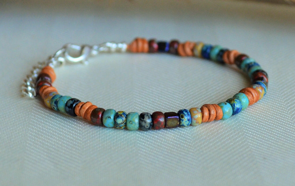 Picasso Czech Bead Leather Bracelet: Knotted Boho Jewelry