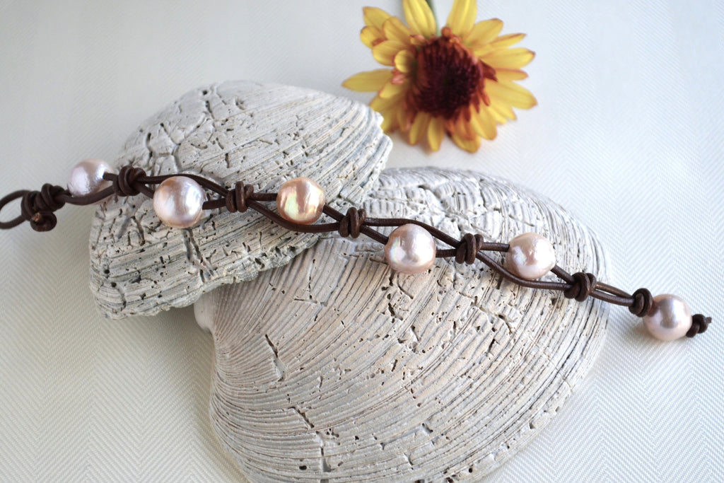 Boho Edison Pearl Bracelet: Leather & Freshwater Pearls