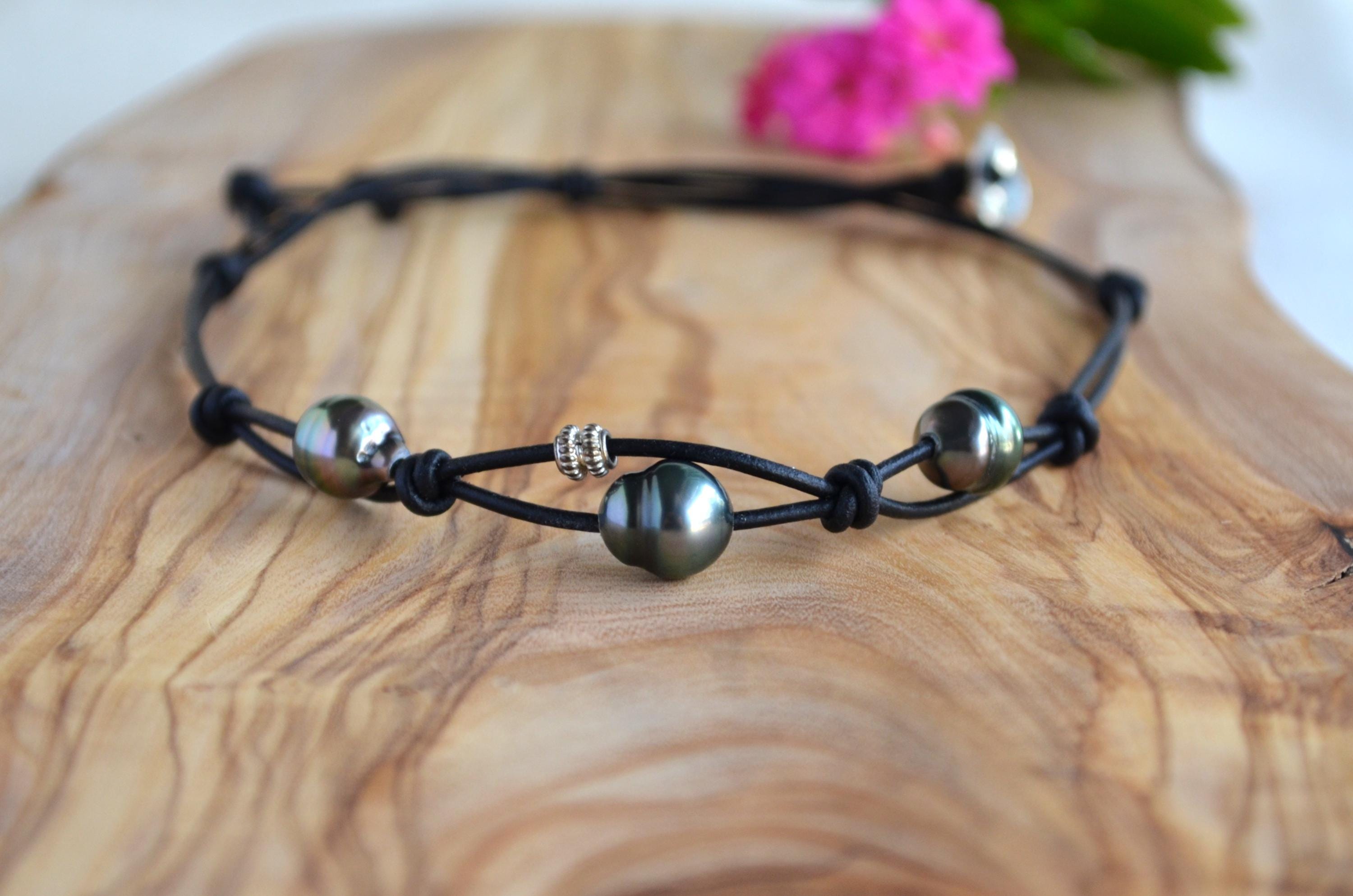 Tahitian Black Pearls on Leather Short Necklace, Sterling Silver Accent