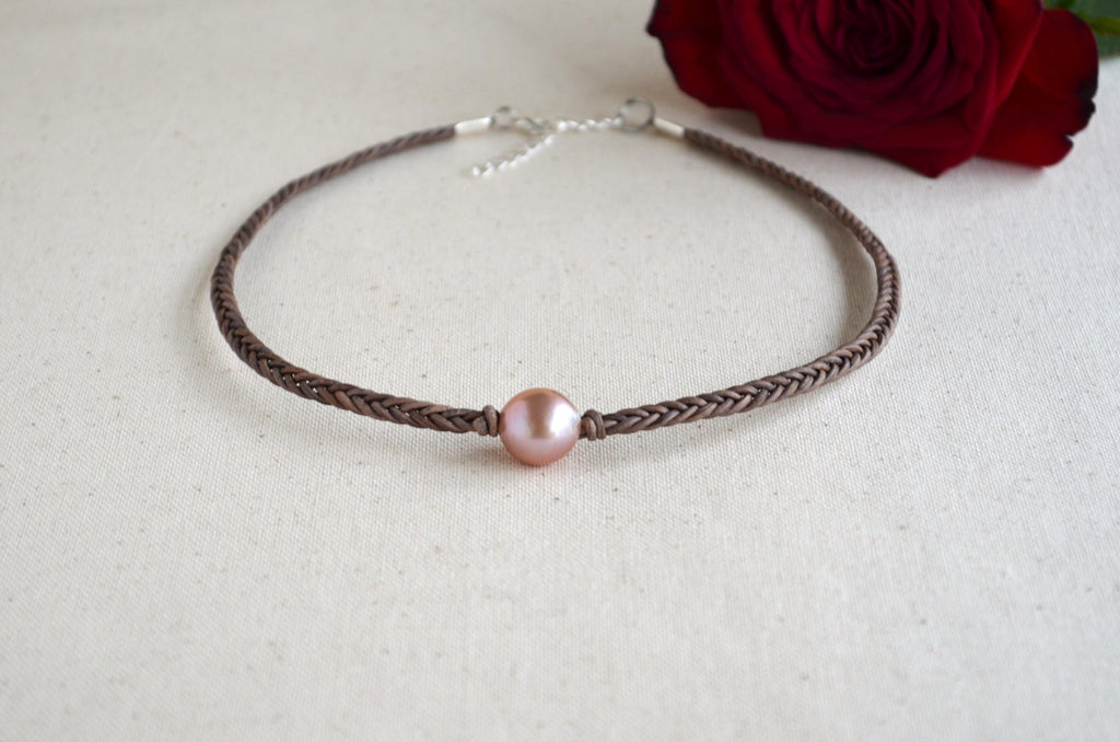 Hand Braided Leather Choker, Pink Edison Pearl Short Necklace