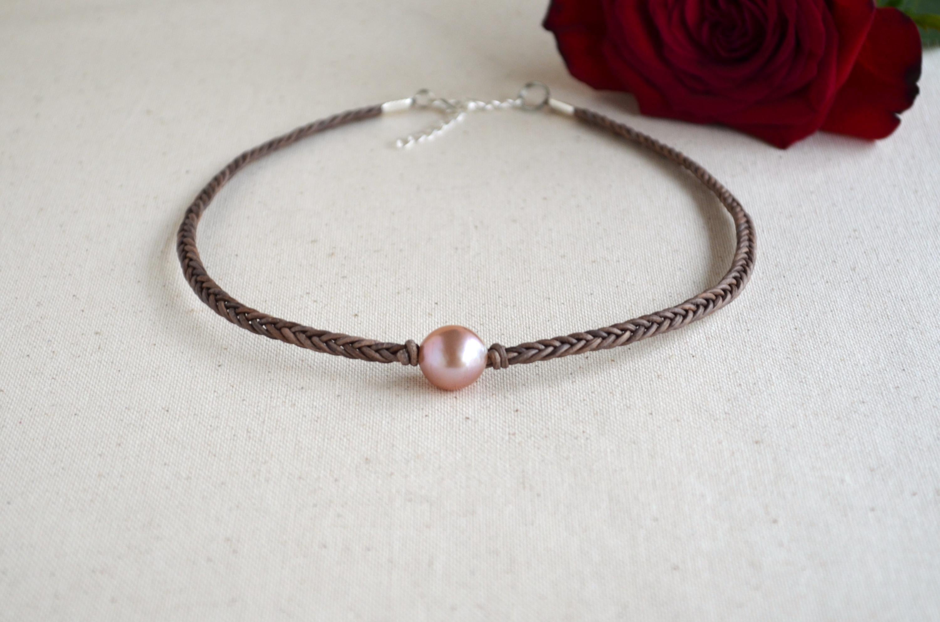 Hand Braided Leather Choker, Pink Edison Pearl Short Necklace
