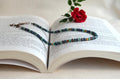 Colorful beaded necklace on an open book with a red flower