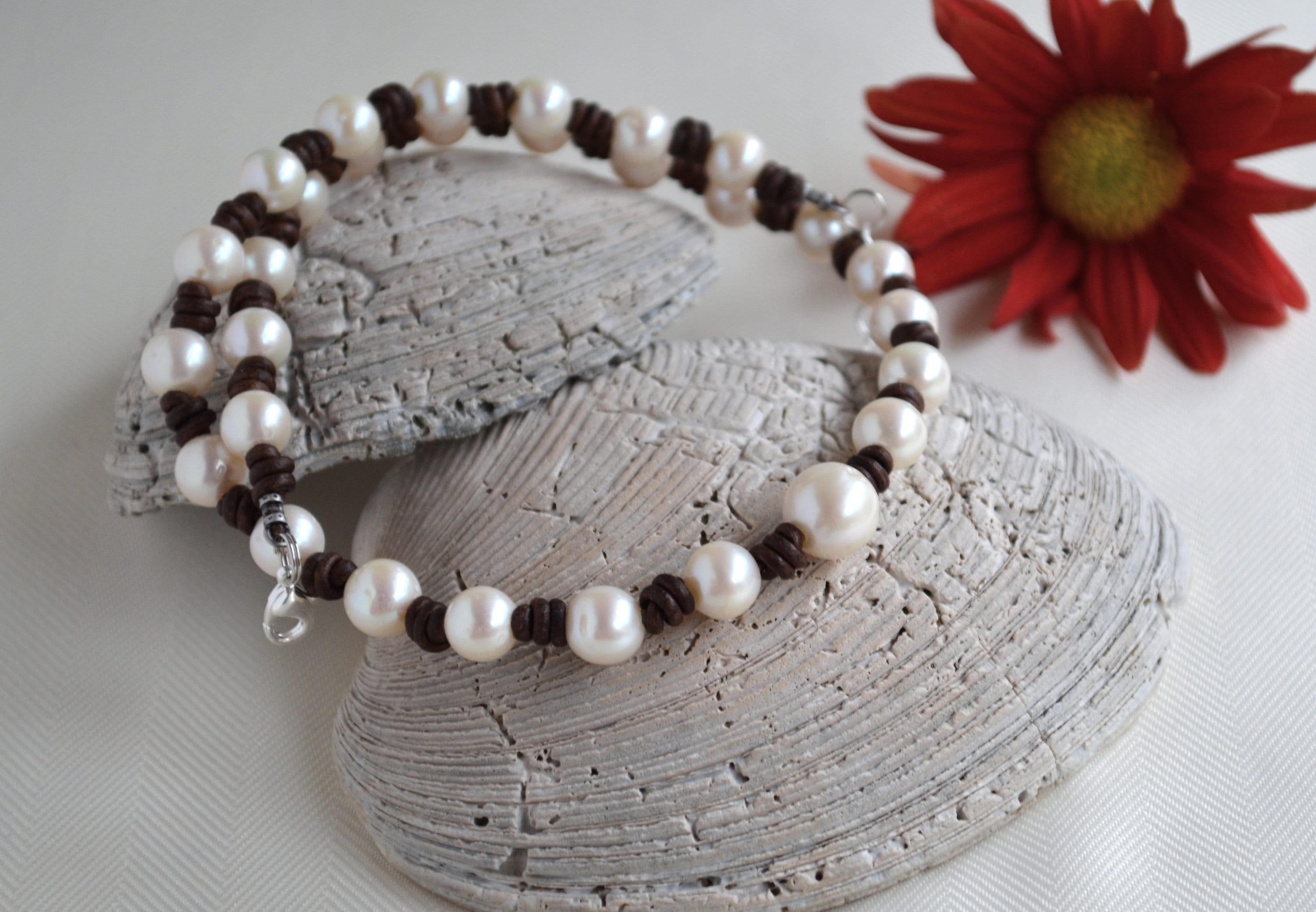 Knotted Pearl Leather Necklace: Freshwater Pearls, Boho Jewelry
