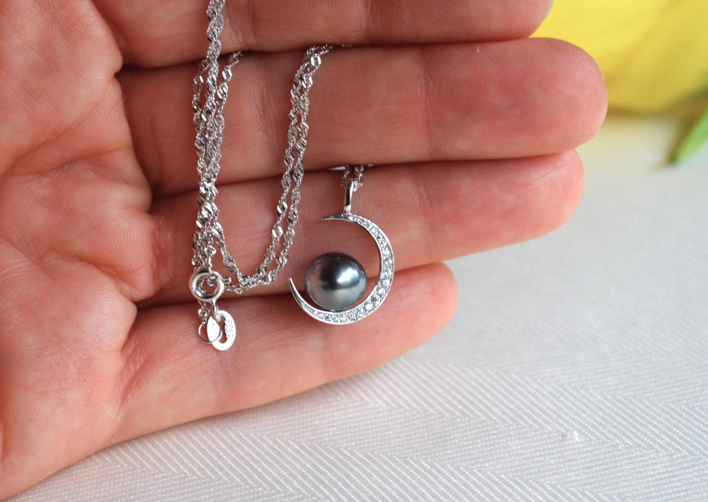 Tahitian Pearl Necklace: Sterling Silver Crescent Moon Pendant, CZ Accents