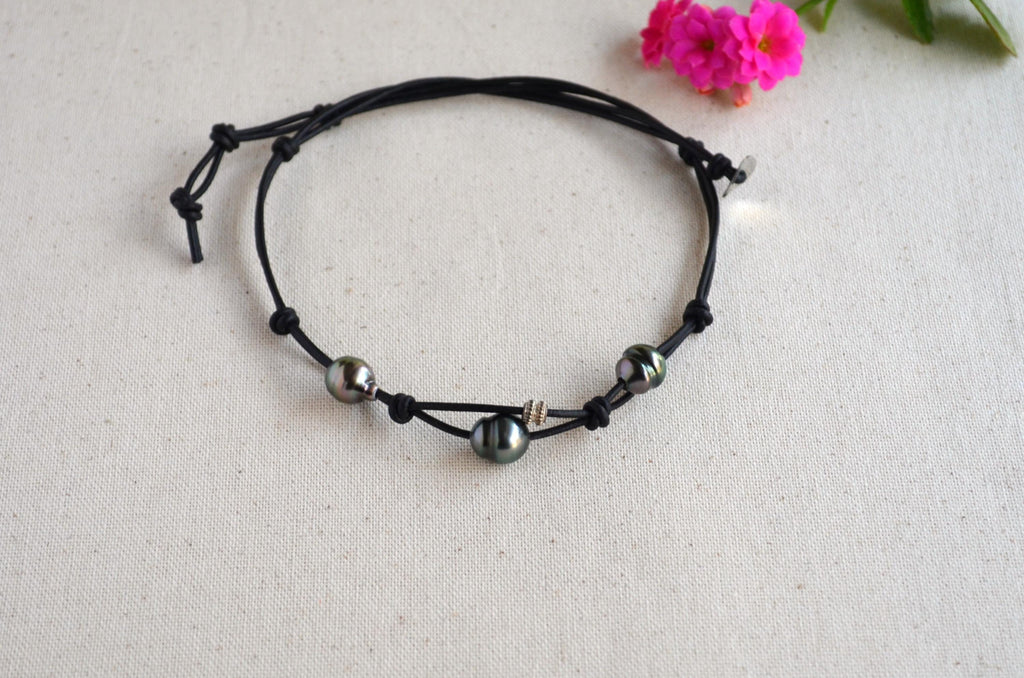 Tahitian Black Pearls on Leather Short Necklace, Sterling Silver Accent