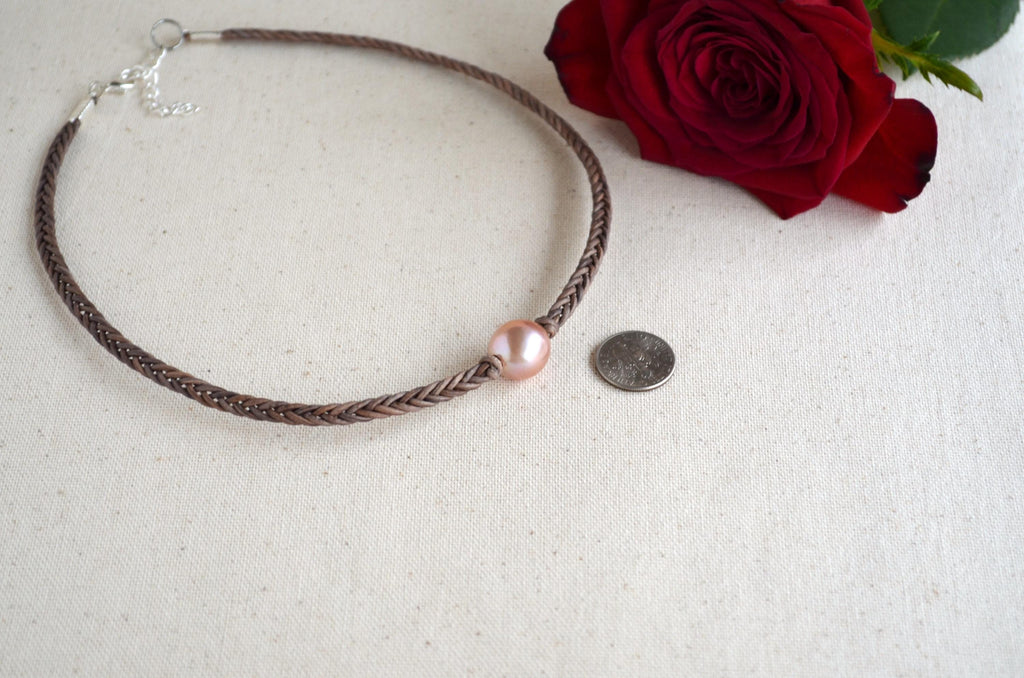 Hand Braided Leather Choker, Pink Edison Pearl Short Necklace