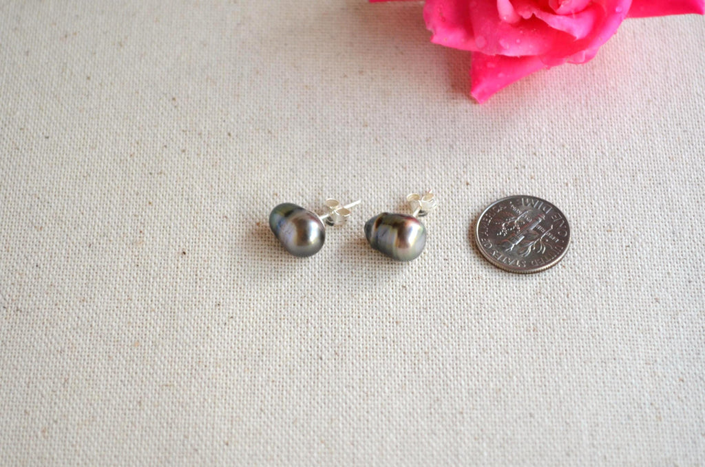 Tahitian Pearl Stud Earrings: Baroque Sterling Silver Jewelry