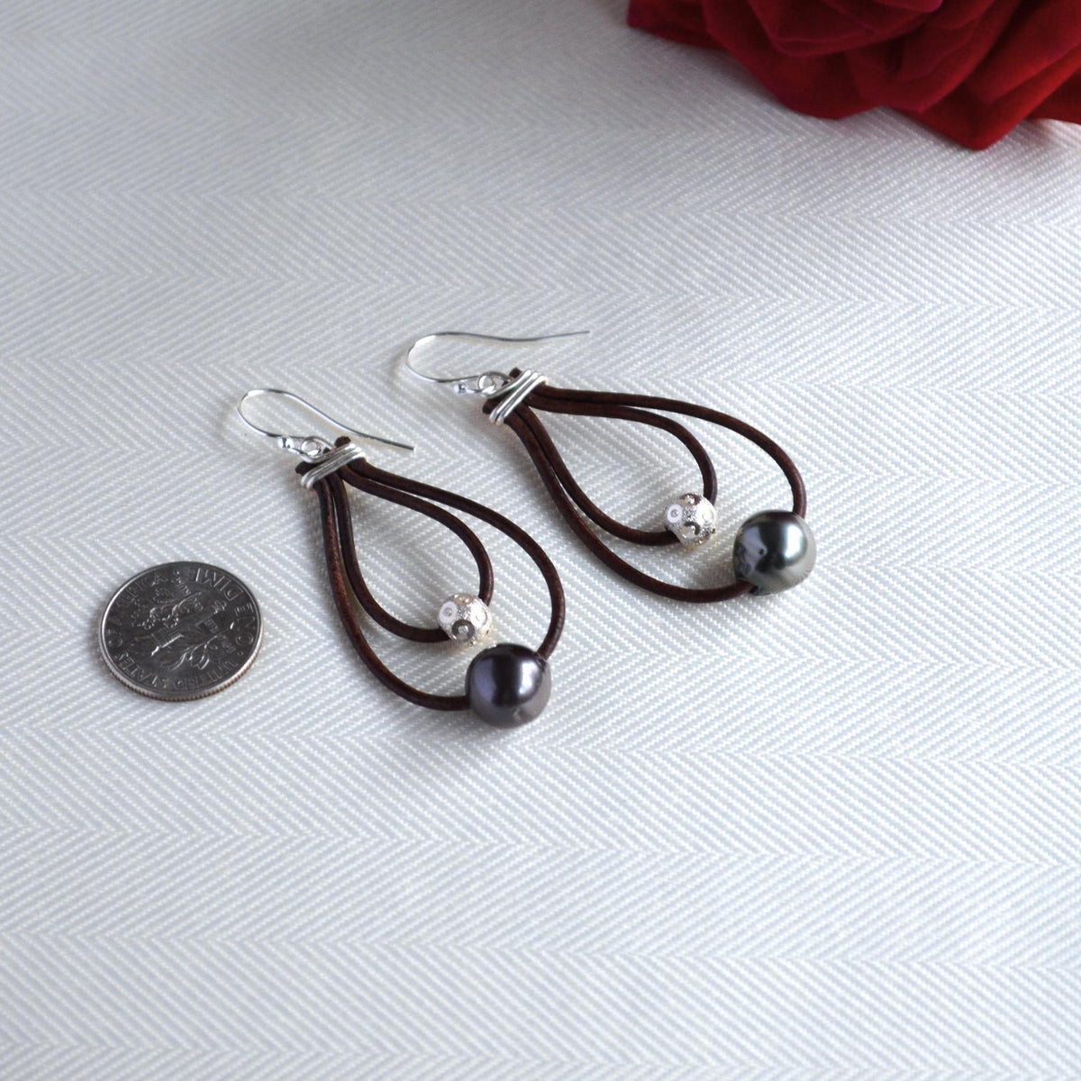 Tahitian Pearl Leather Hoop Earrings: Sterling Silver, Elegant Dangle Jewelry