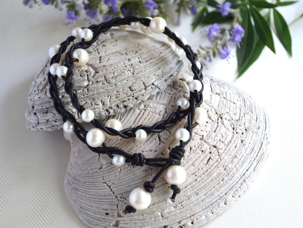 Braided Leather Necklace: White Freshwater Pearls, Boho Chic
