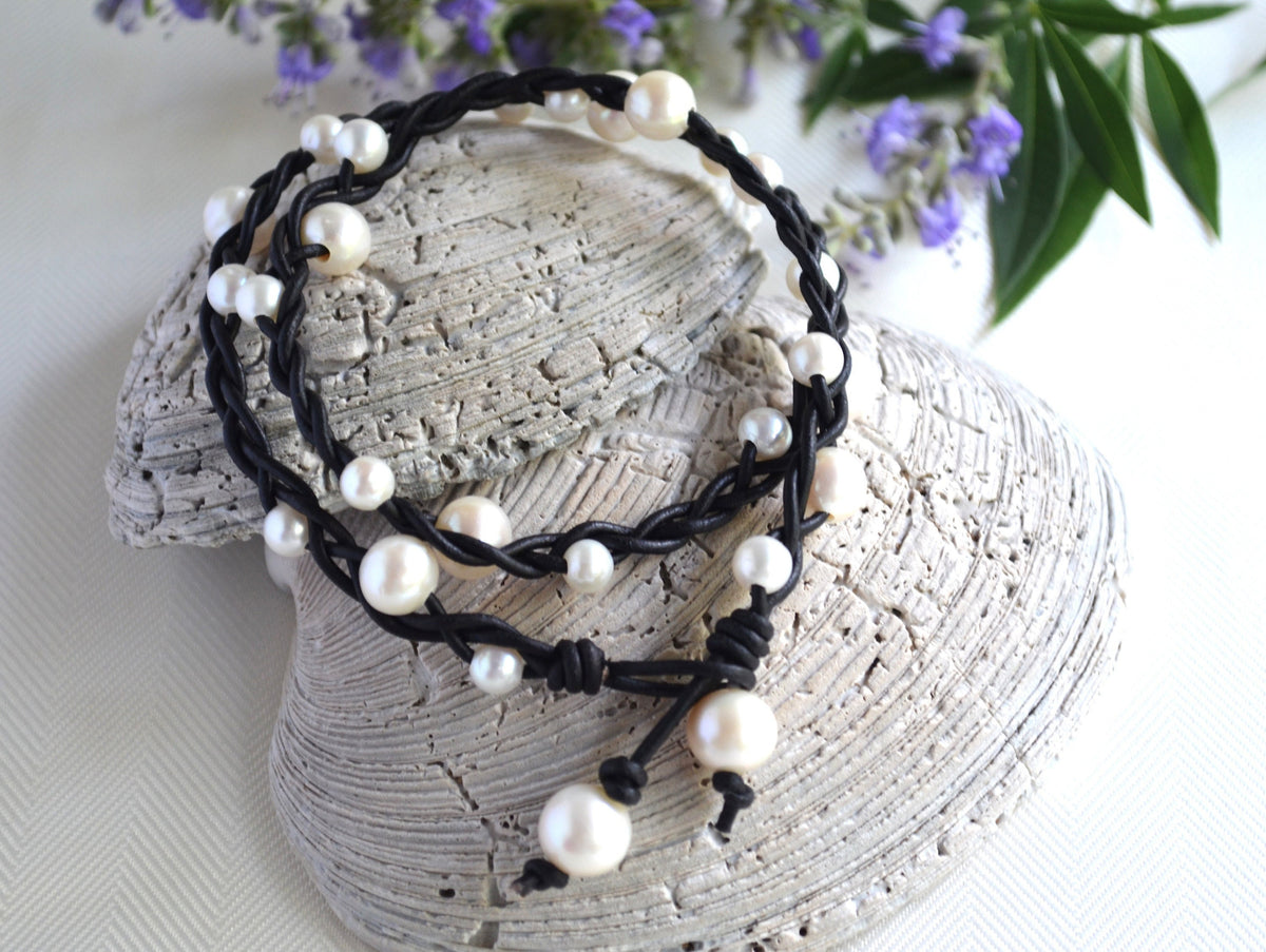 Braided Leather Necklace: White Freshwater Pearls, Boho Chic