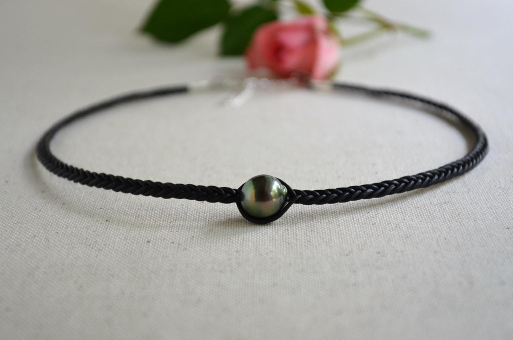 Tahitian Pearl Necklace, Braided Leather Cord, Minimalist Luxury Jewelry