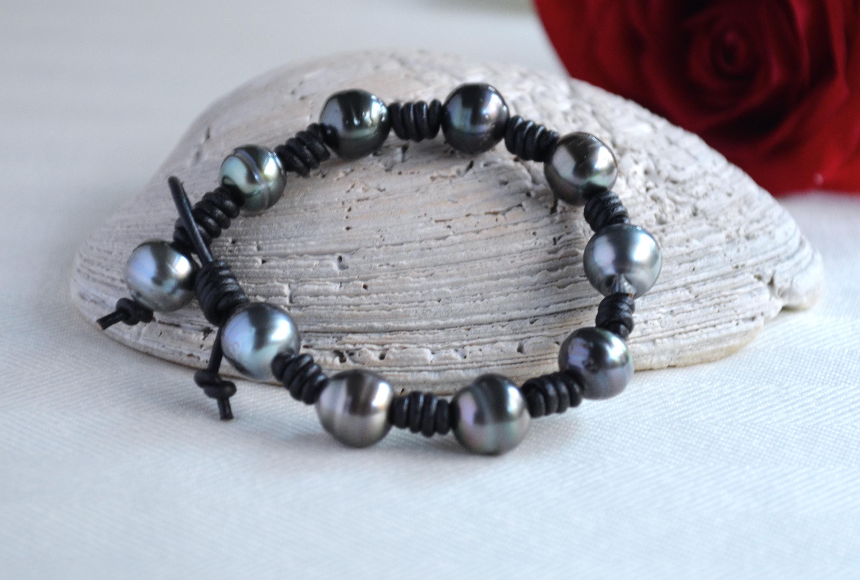 Tahitian Pearl Bracelet: Black Greek Leather, Boho Jewelry