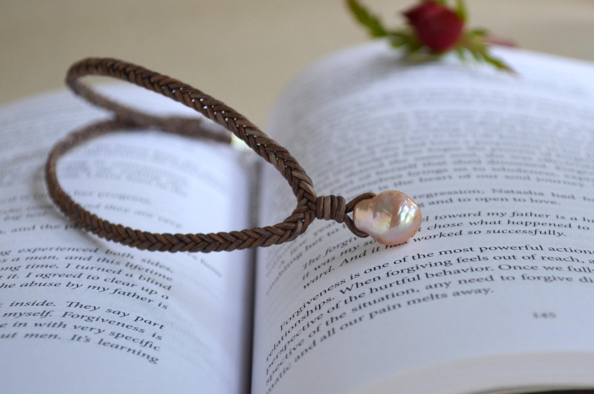 Baroque Edison Pearl Necklace on Braided Leather, Pink Pearl Pendant 12x15 mm, Organic Shape, Minimalist Statement, 16” + Extender