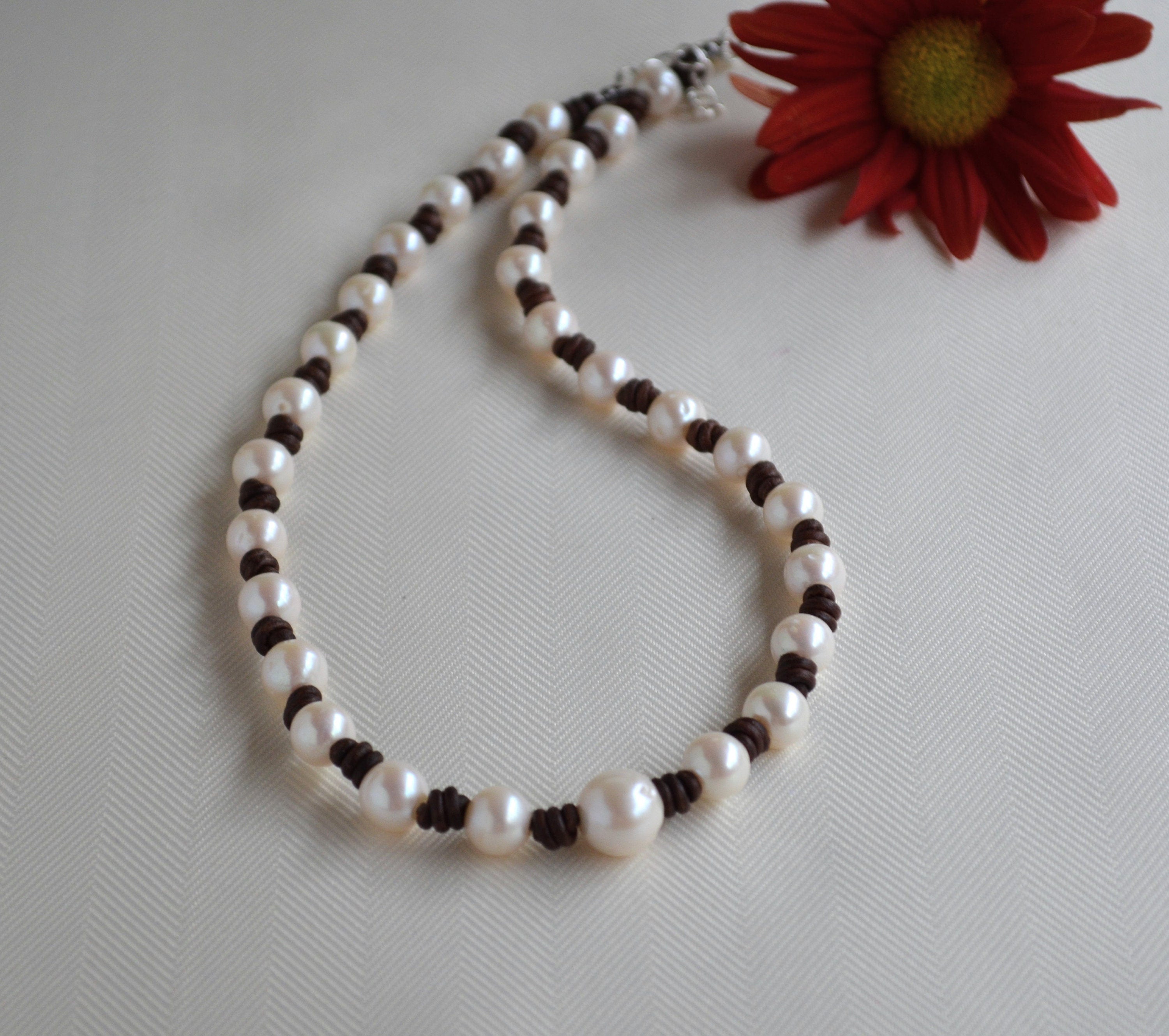 Knotted Pearl Leather Necklace: Freshwater Pearls, Boho Jewelry