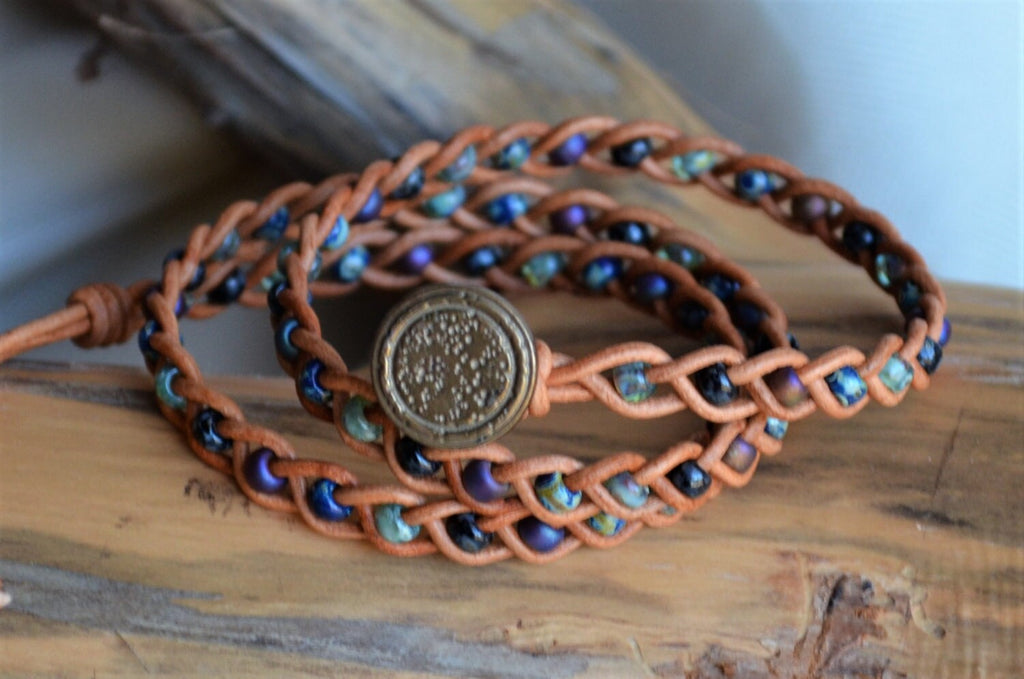 Braided Leather Wrap Bracelet: Picasso Beads, Boho Style