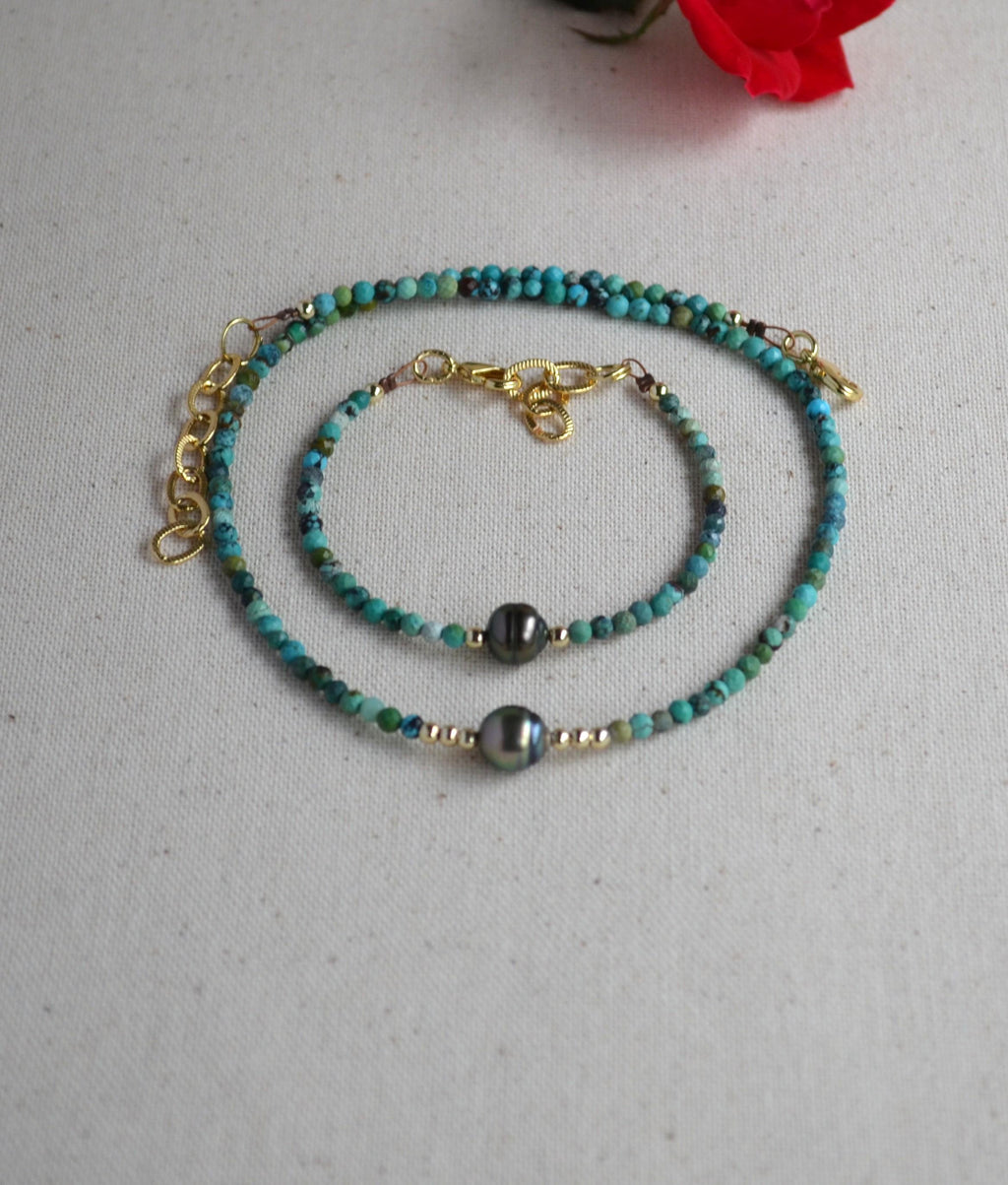 Tahitian Pearl Bracelet, Gold Filled Turquoise Beaded Jewelry