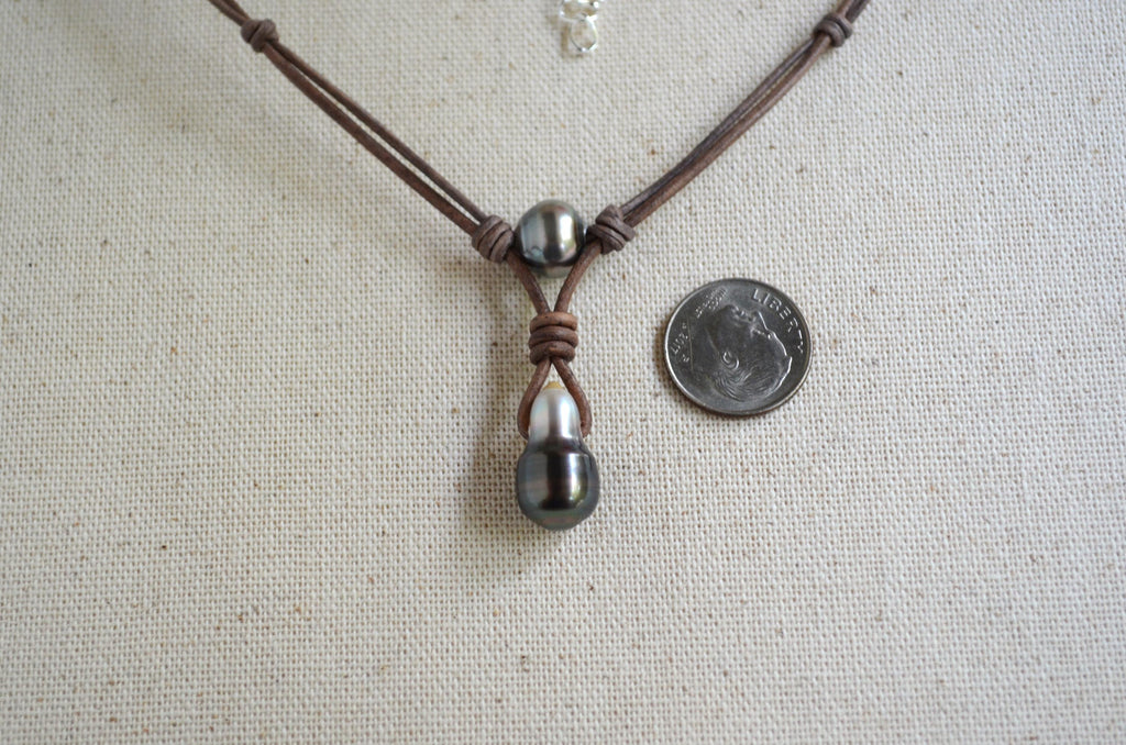 Tahitian Pearl Leather Necklace, Large Drop Pearl, Silver Black, Handmade Jewelry