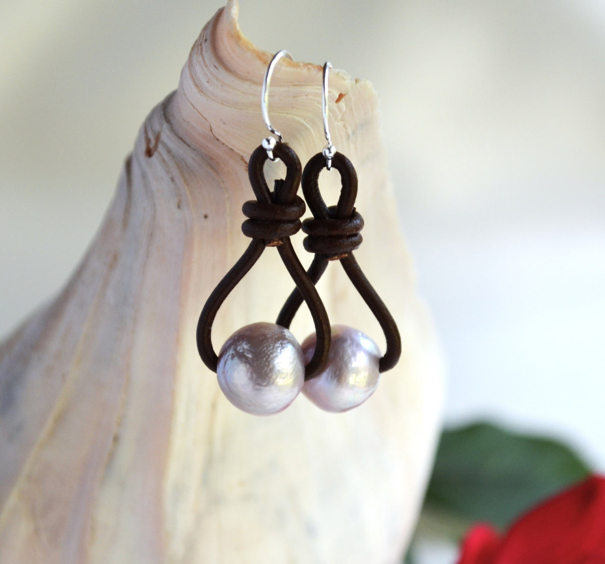 Edison Pink Pearl Earrings: Sterling Silver & Brown or Black Greek Leather Boho Dangle