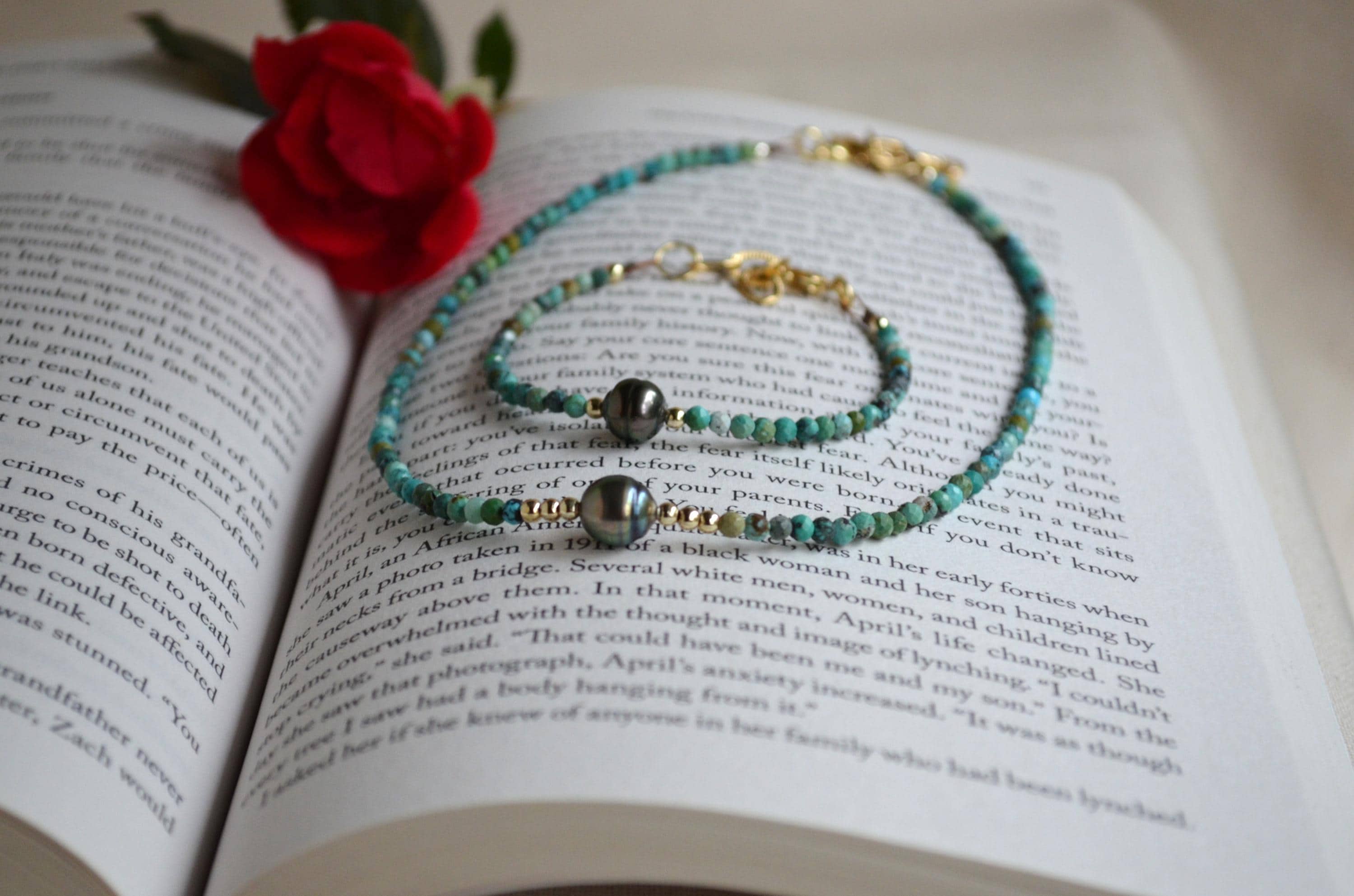 Tahitian Pearl Short Necklace, Turquoise Beaded Collar, Minimal Gold Filled Necklace, Everyday Elegant Jewelry