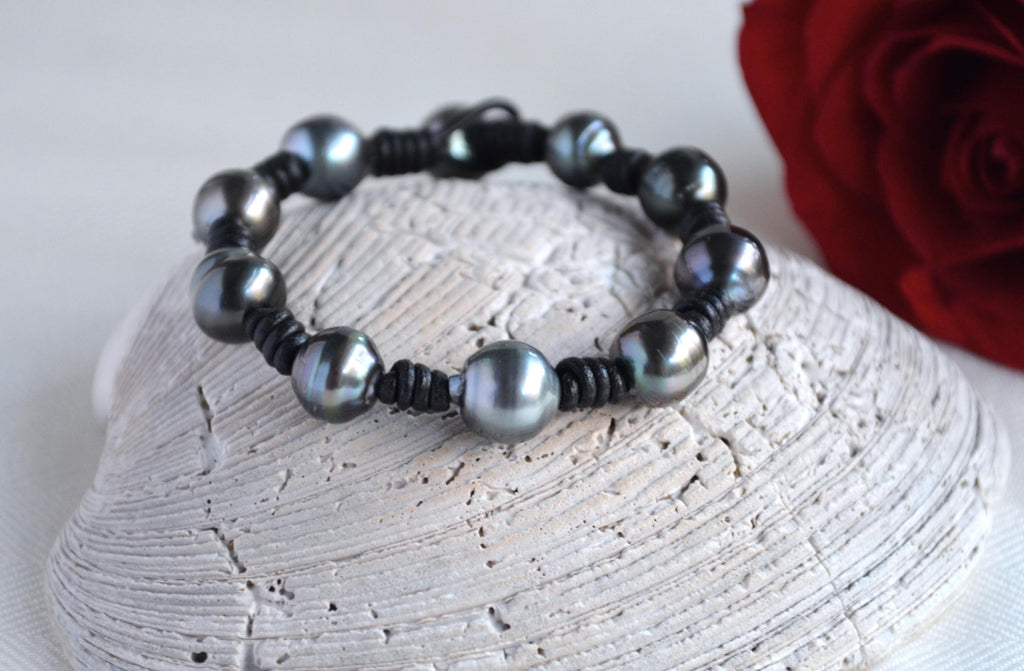 Tahitian Pearl Bracelet: Black Greek Leather, Boho Jewelry