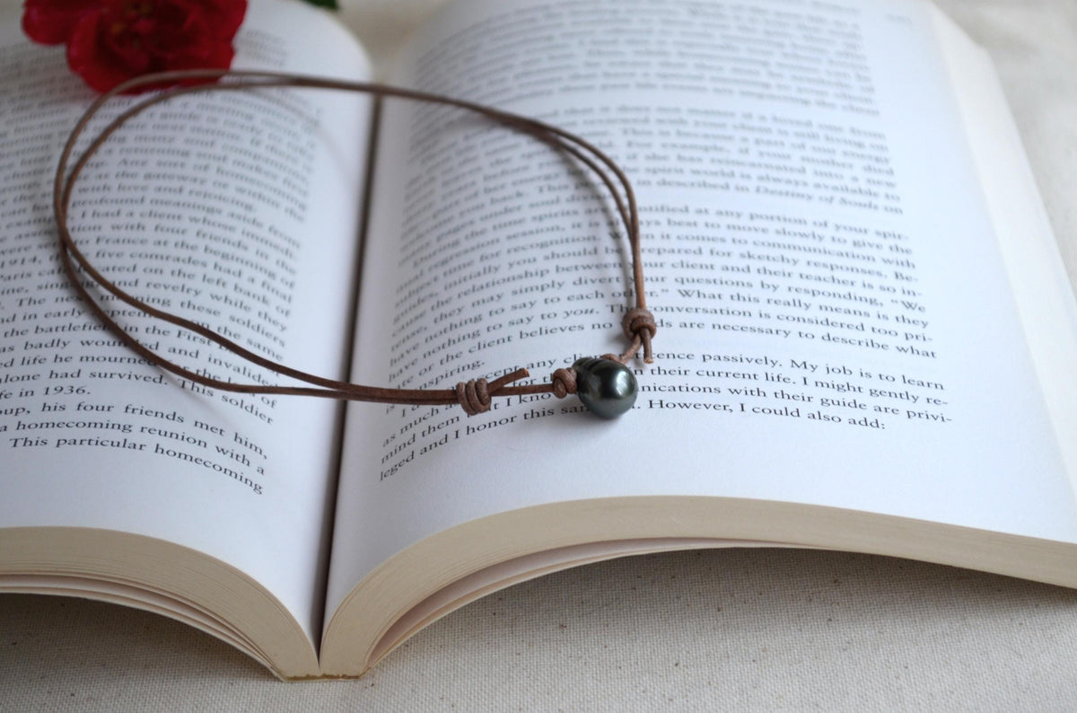 Tahitian Drop Pearl Necklace: Brown Grey Leather Adjustable Necklace