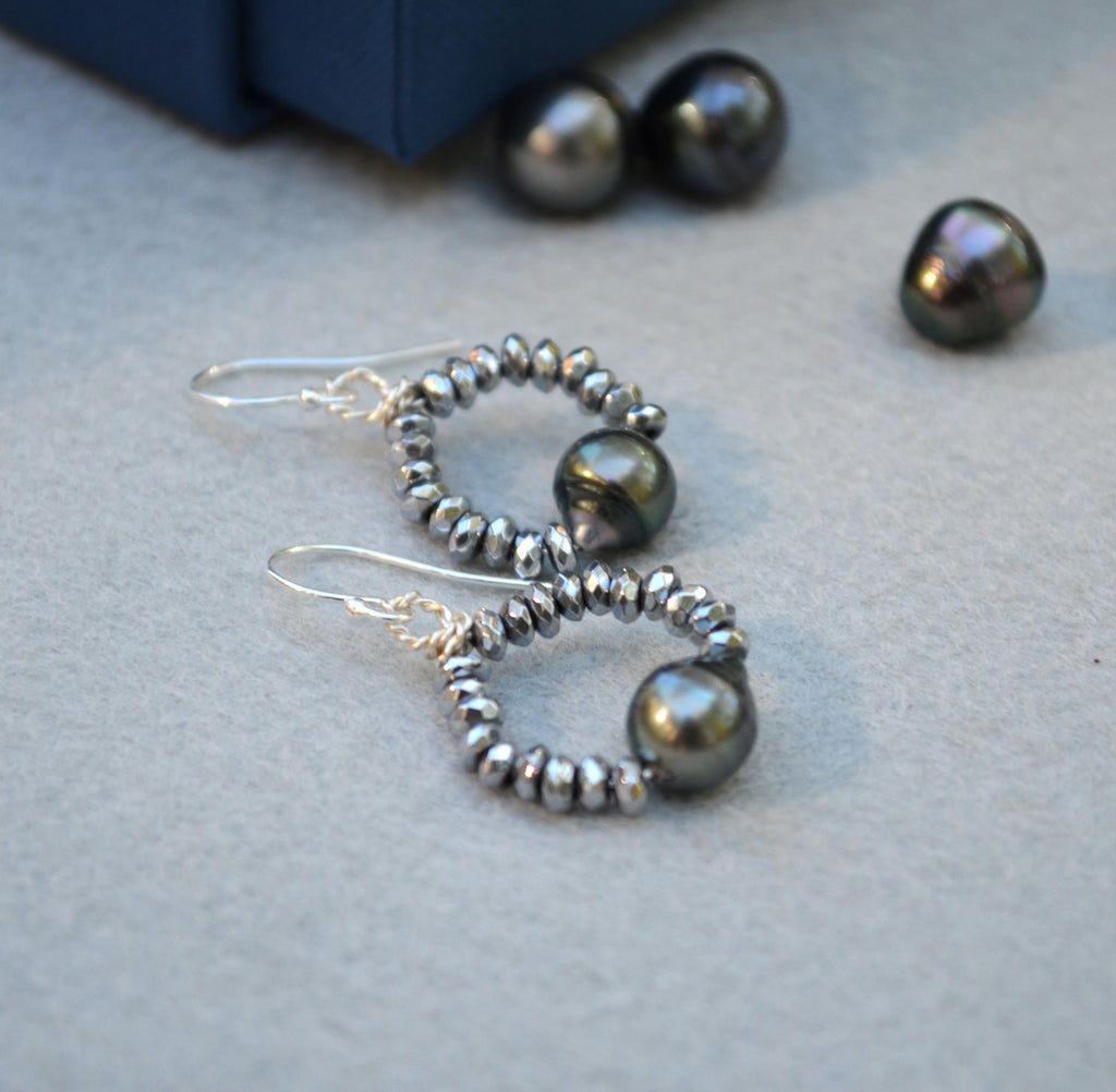 Tahitian Pearl and Hematite Earrings on Sterling Silver French Ear Wires Gift for Her