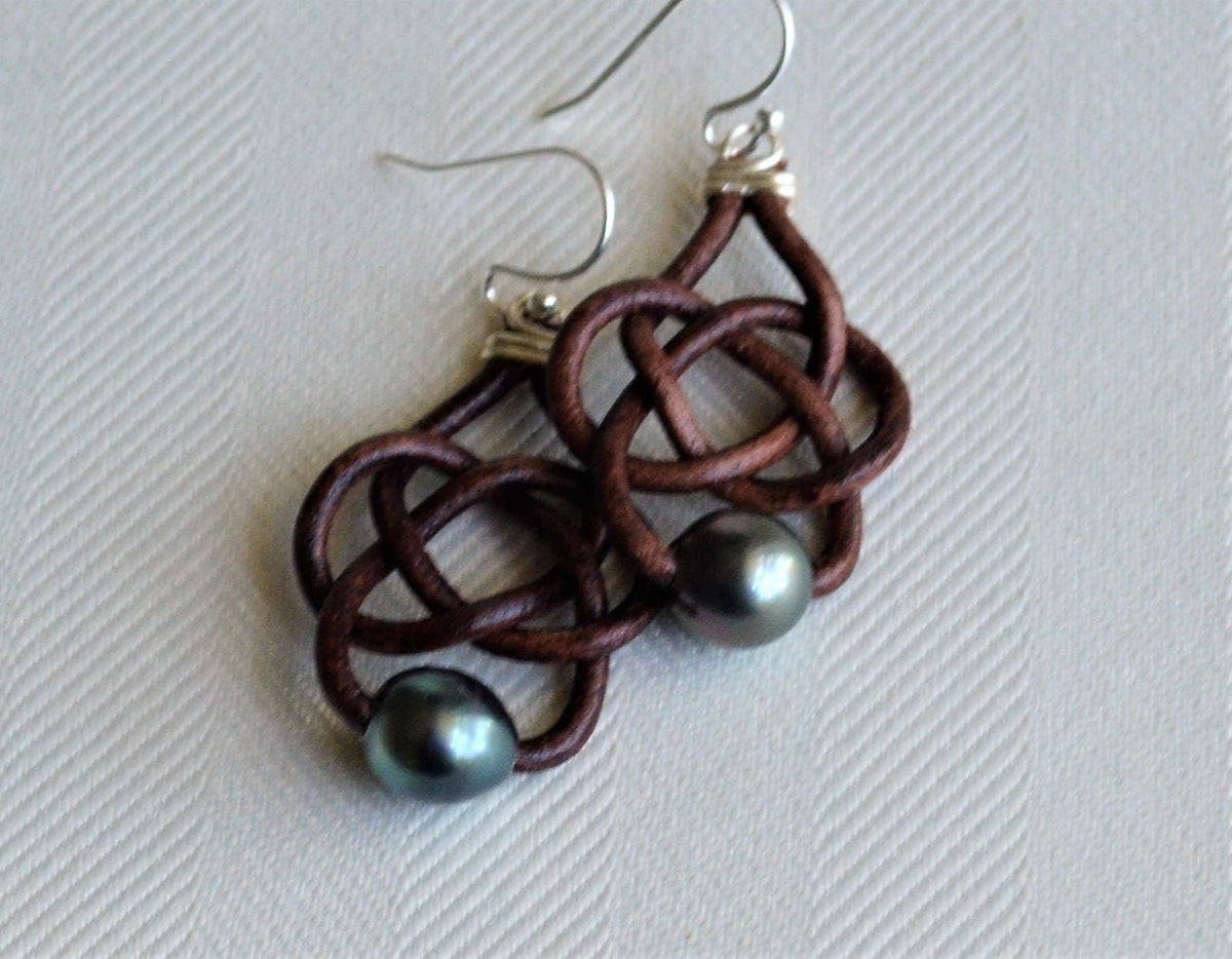 Tahitian Pearl Celtic Leather Knot Earrings with Sterling Silver Hooks