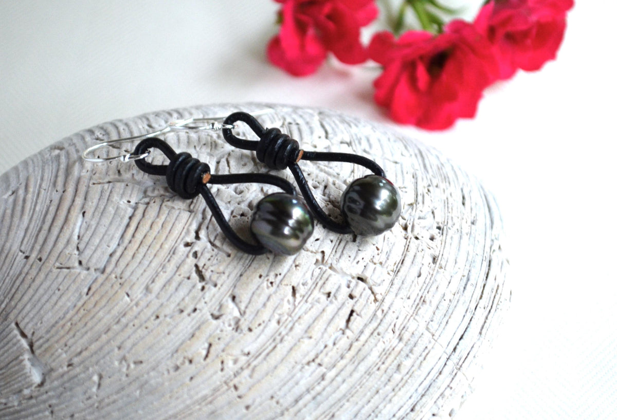 Tahitian Pearl Earrings: Sterling Silver, Black Leather Dangle Earrings