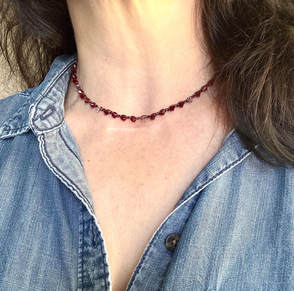 Swarovski Crystal Beaded Choker: Elegant Ruby & Pink Jewelry