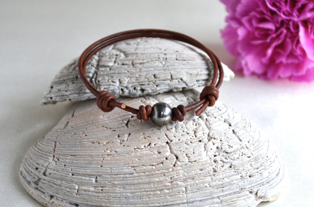 Tahitian Pearl Bracelet: Light Brown Greek Leather, Adjustable