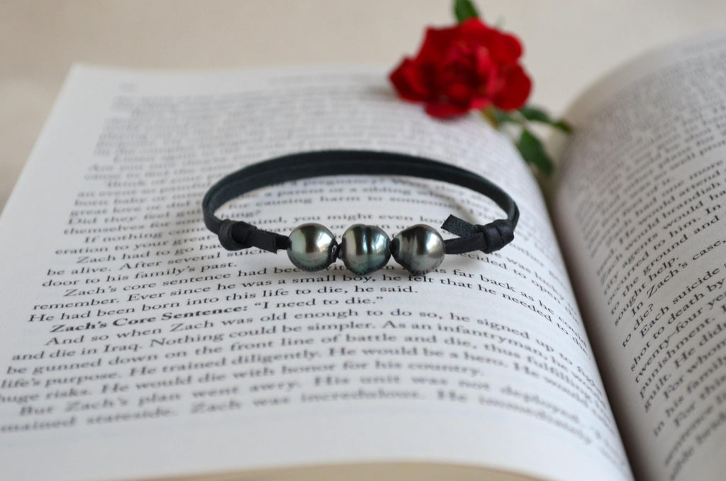Three Tahitian Pearls Bracelet: Black Australian Leather Adjustable Bracelet