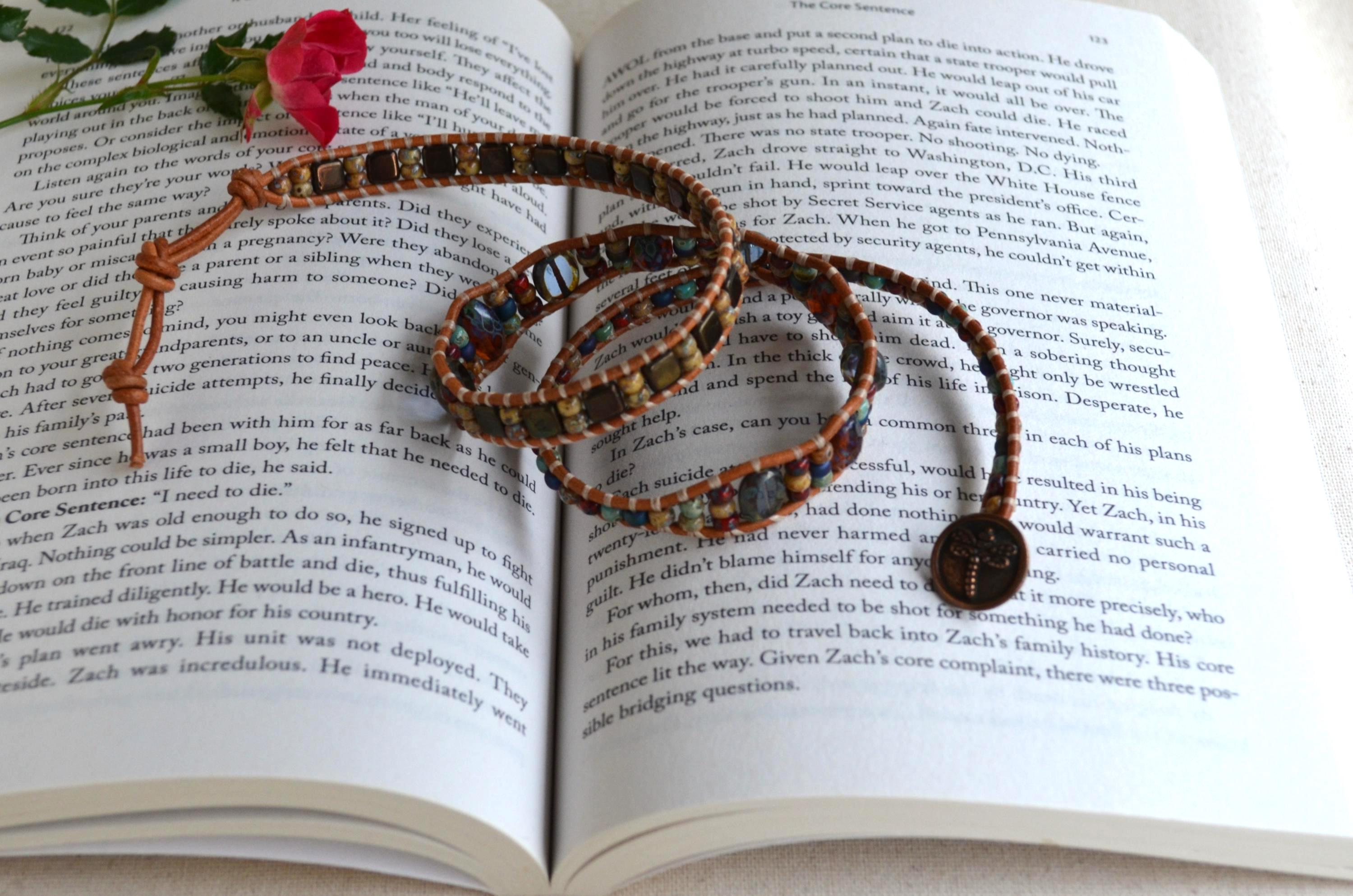 Dragonfly Beaded Leather Wrap Bracelet, Czech Glass Three Wrap