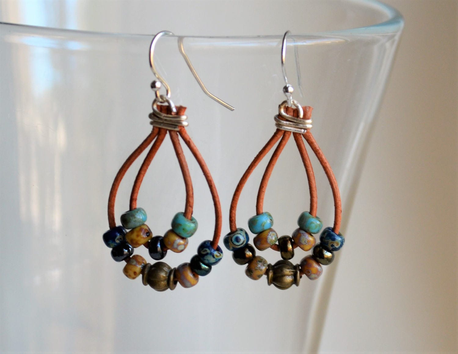 Picasso Leather Dangle Earrings: Boho Miyuki Bead Jewelry