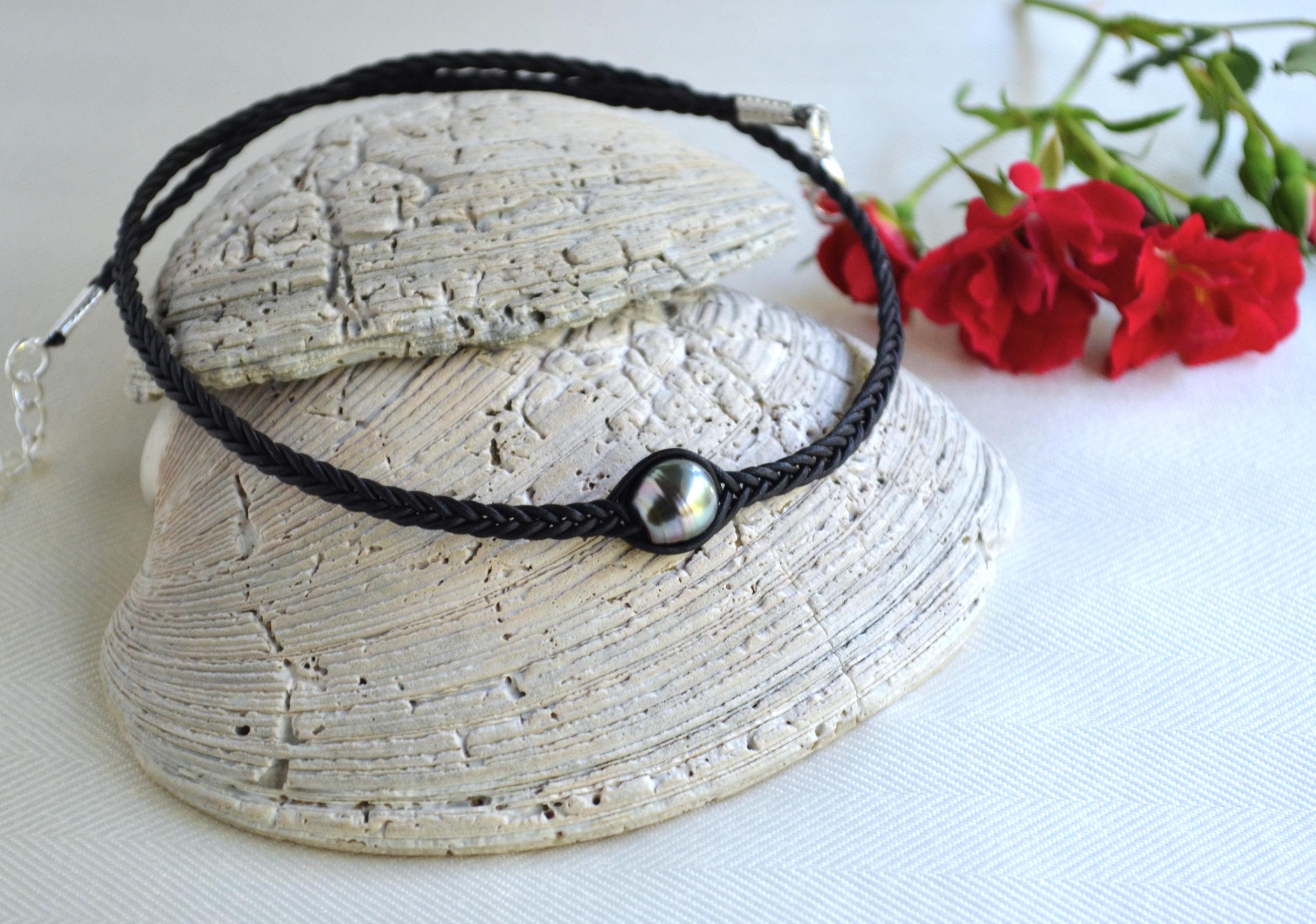 Tahitian Pearl Necklace: Braided Leather Choker, Elegant Unisex Jewelry