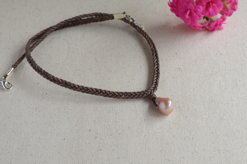 Edison Pearl Leather Necklace: Pink Mauve Baroque Pendant, Hand Braided Cord