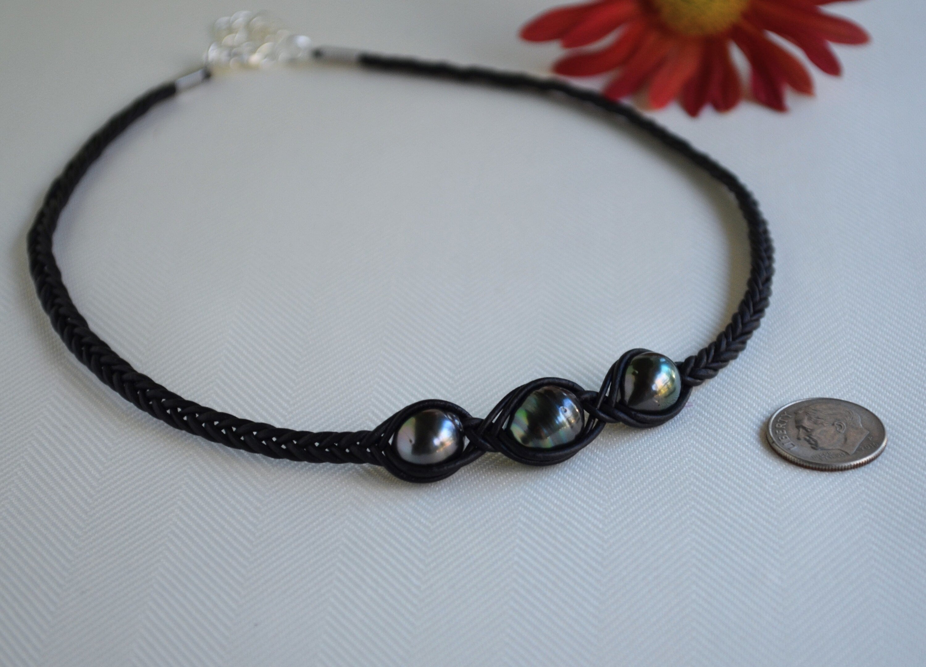Tahitian Pearl Necklace: Three Stone Braided Black Leather Jewelry